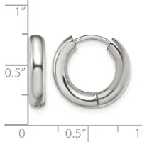 A pair of polished silver-toned chunky hoop earrings with hinged closures, shown next to a ruler indicating they measure approximately 0.5 inches wide and 1 inch in height.