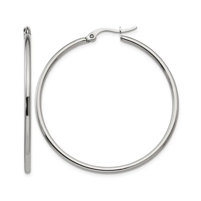 A pair of polished stainless steel hoop earrings with hinged posts, shown from front and side views.