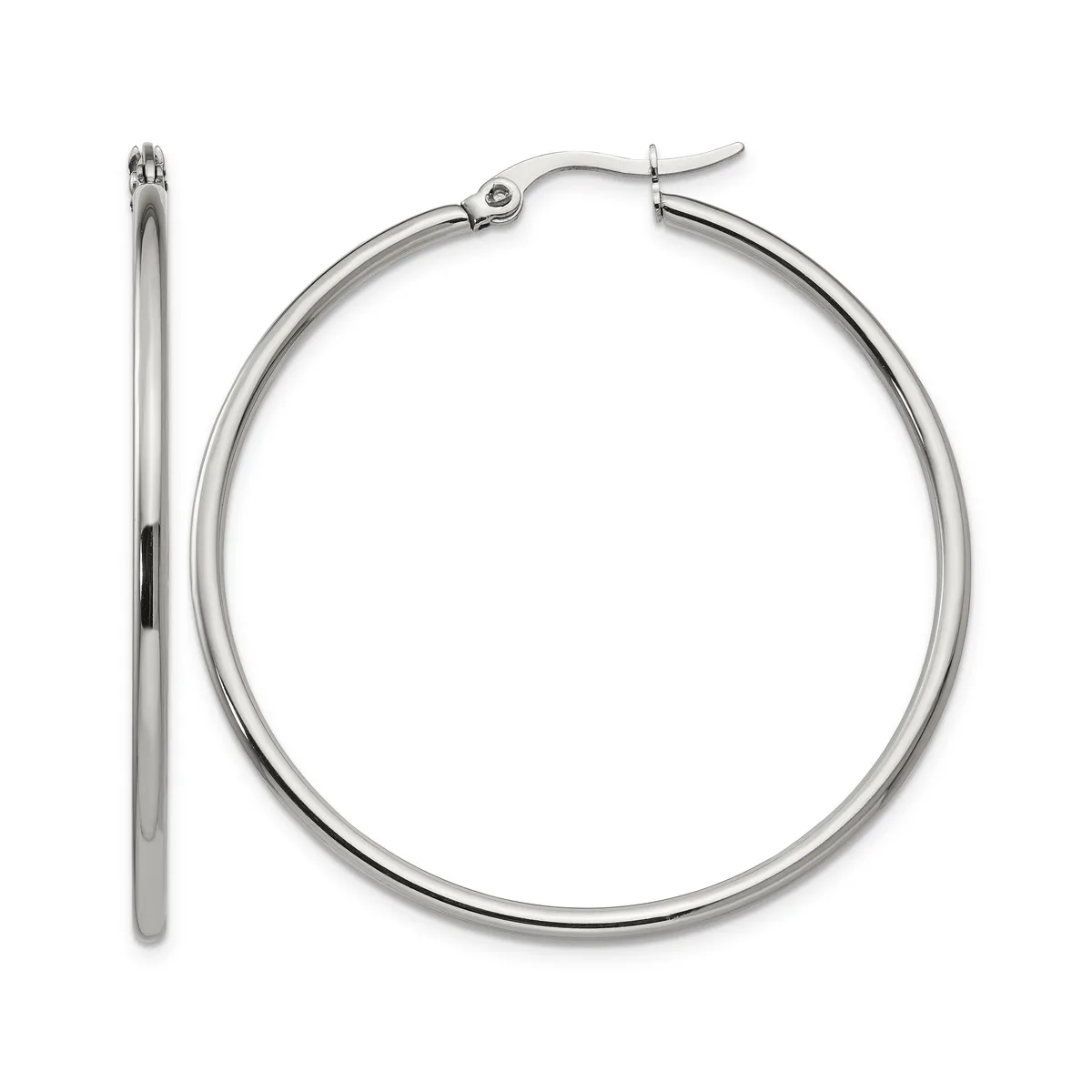 A pair of polished stainless steel hoop earrings with hinged posts, shown from front and side views.
