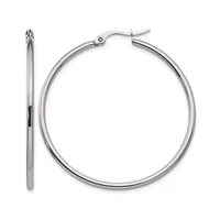 A pair of polished stainless steel hoop earrings with hinged posts, shown from front and side views.