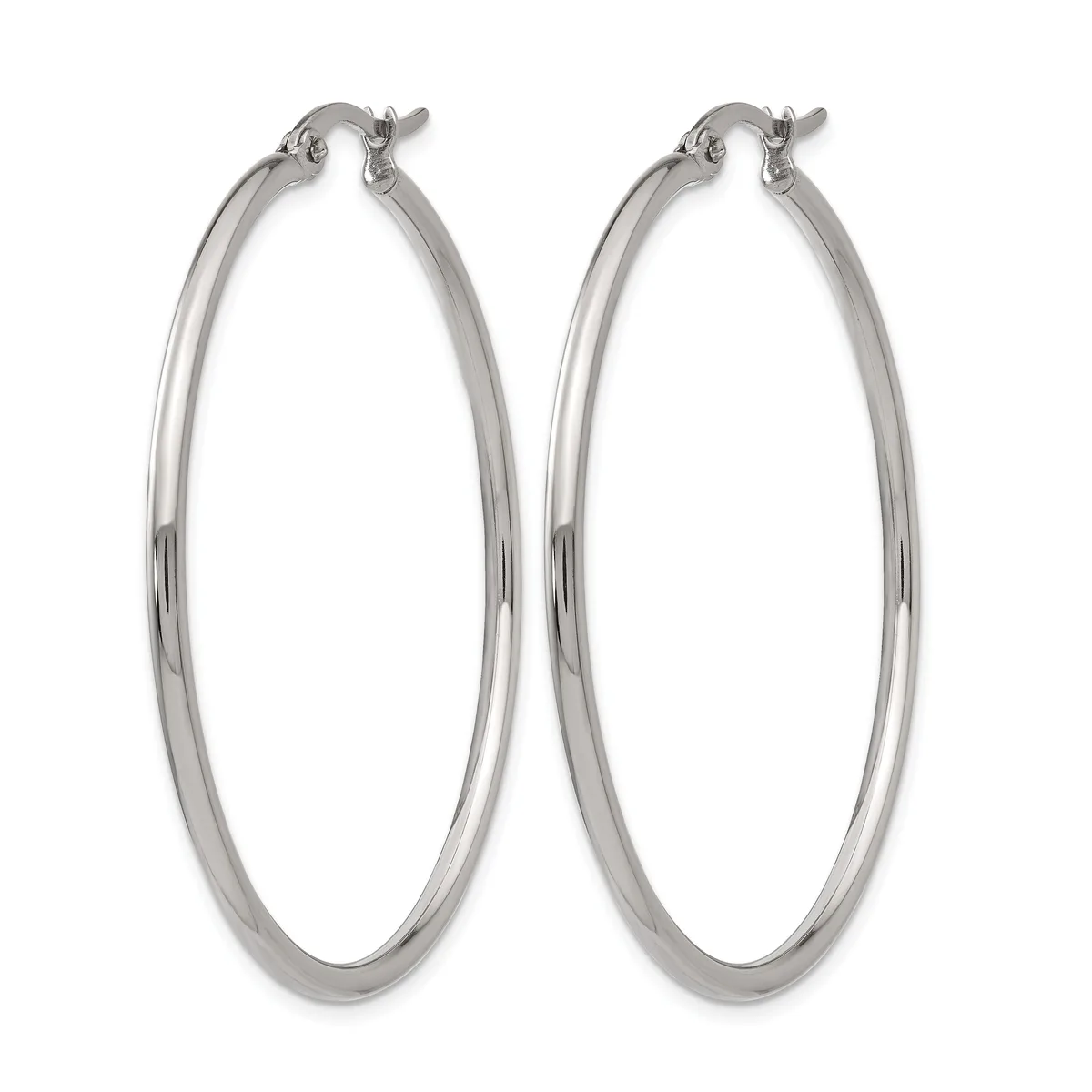 A pair of polished silver-toned hoop earrings with a smooth, rounded profile and hinged closures, displayed against a white background.