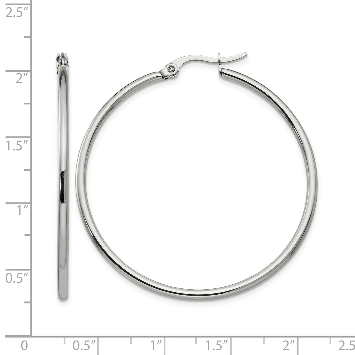 Silver-toned hoop earrings with a hinged clasp, displayed against a ruler showing them to be approximately 2 inches in diameter.
