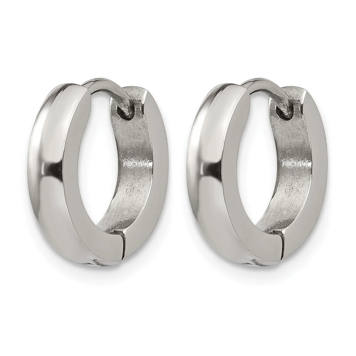 A pair of polished silver hoop earrings with a chunky, rounded rectangular profile and hinged closures, shown from the front.