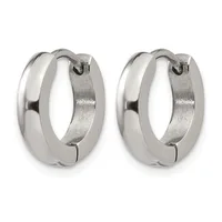 A pair of polished silver hoop earrings with a chunky, rounded rectangular profile and hinged closures, shown from the front.