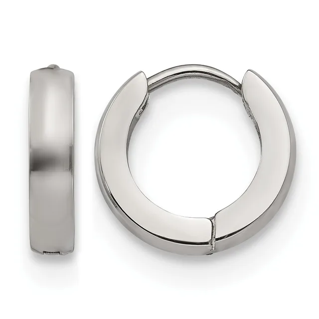 Pair of polished silver-toned chunky hoop earrings with a hinged clasp closure, shown from front and side views.
