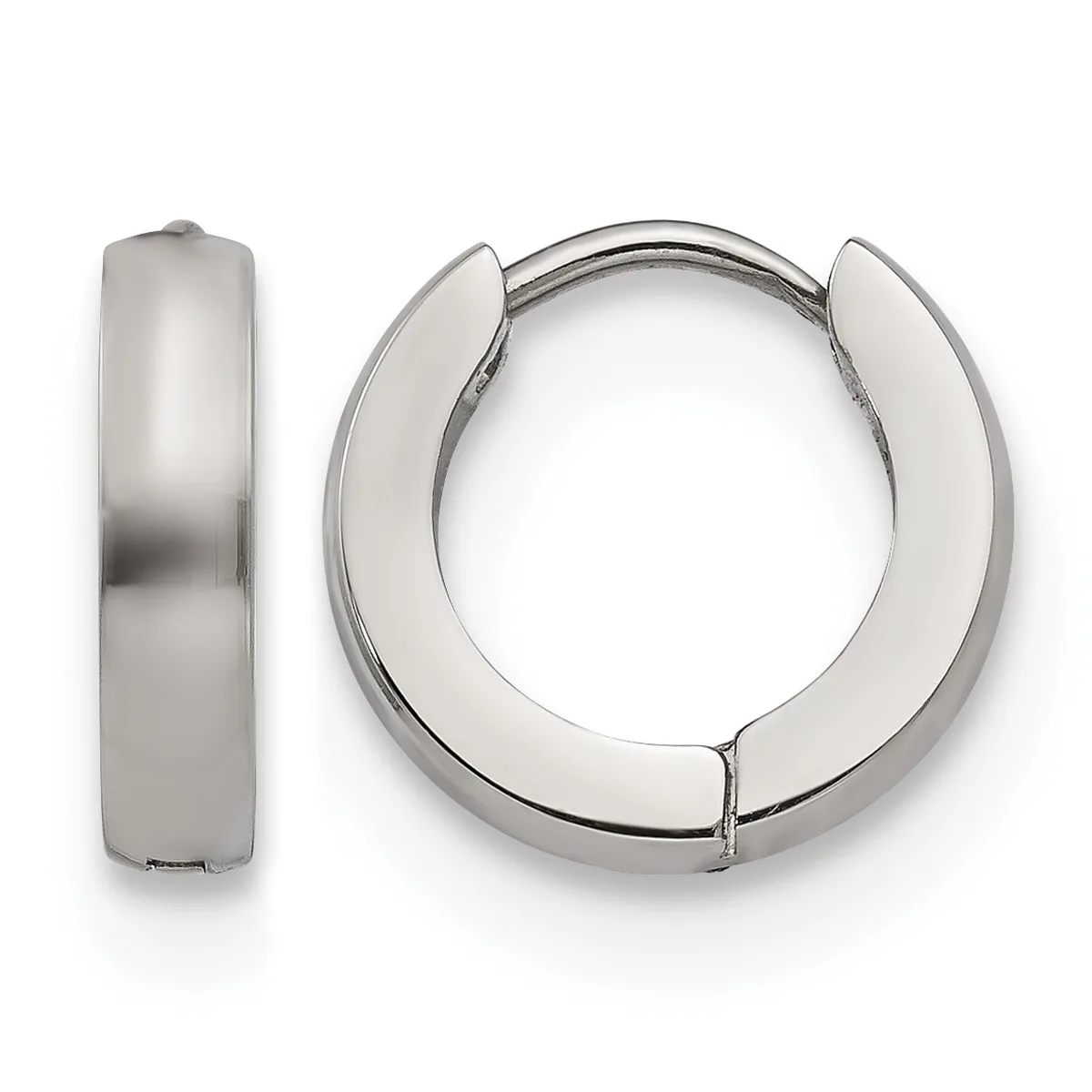 Pair of polished silver-toned chunky hoop earrings with a hinged clasp closure, shown from front and side views.