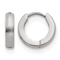 Pair of polished silver-toned chunky hoop earrings with a hinged clasp closure, shown from front and side views.