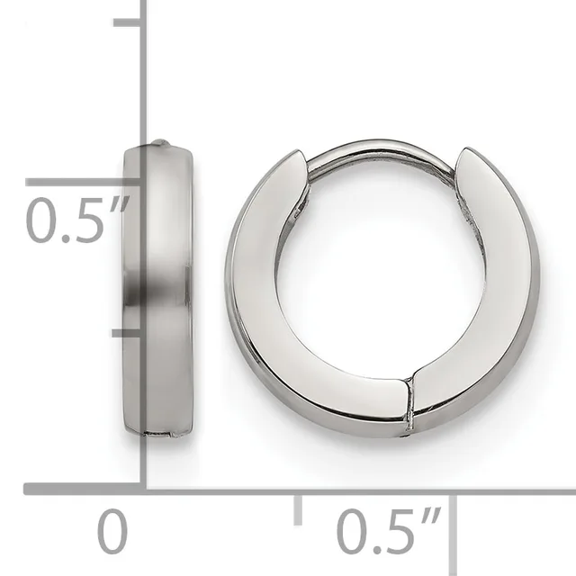 A pair of polished silver-toned hoop earrings with a thick, rounded profile, shown from front and side views with measurement scale indicating 0.5 inch width.