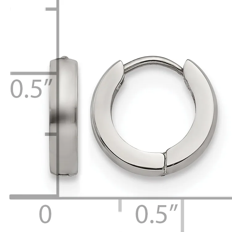 A pair of polished silver-toned hoop earrings with a thick, rounded profile, shown from front and side views with measurement scale indicating 0.5 inch width.