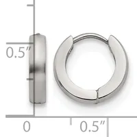 A pair of polished silver-toned hoop earrings with a thick, rounded profile, shown from front and side views with measurement scale indicating 0.5 inch width.