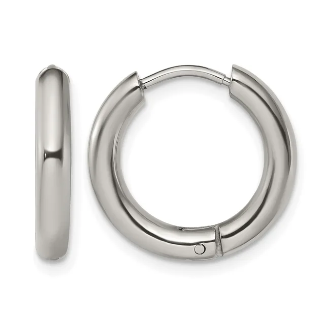 Pair of polished silver-toned chunky hoop earrings with hinged closures, shown from front and side views.