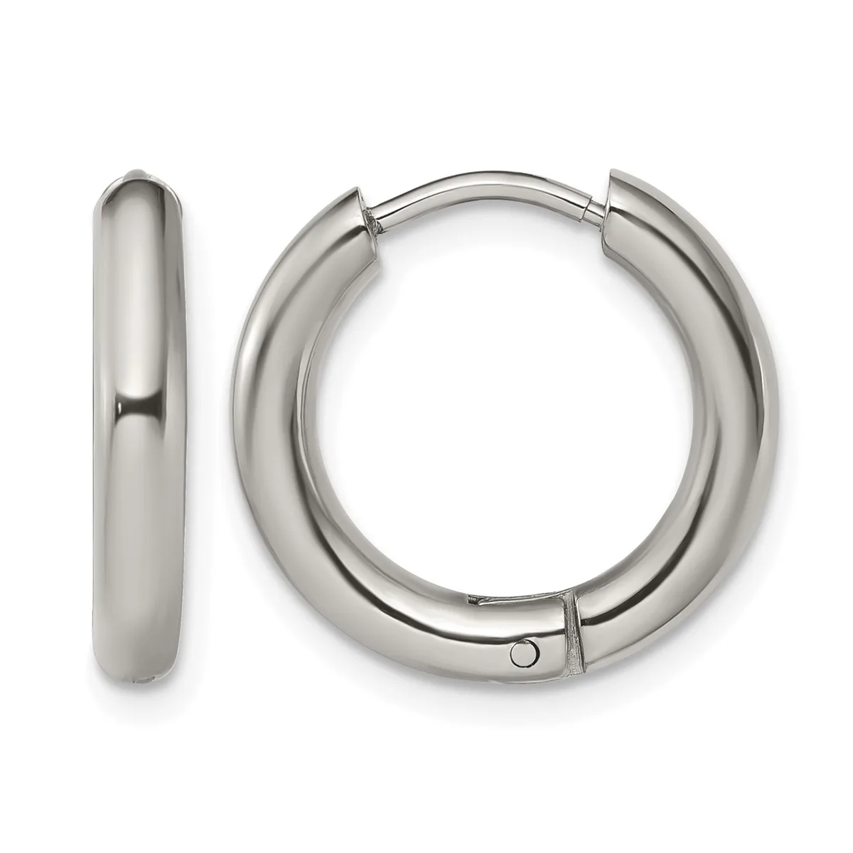Pair of polished silver-toned chunky hoop earrings with hinged closures, shown from front and side views.