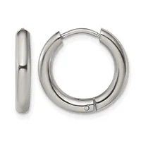 Pair of polished silver-toned chunky hoop earrings with hinged closures, shown from front and side views.