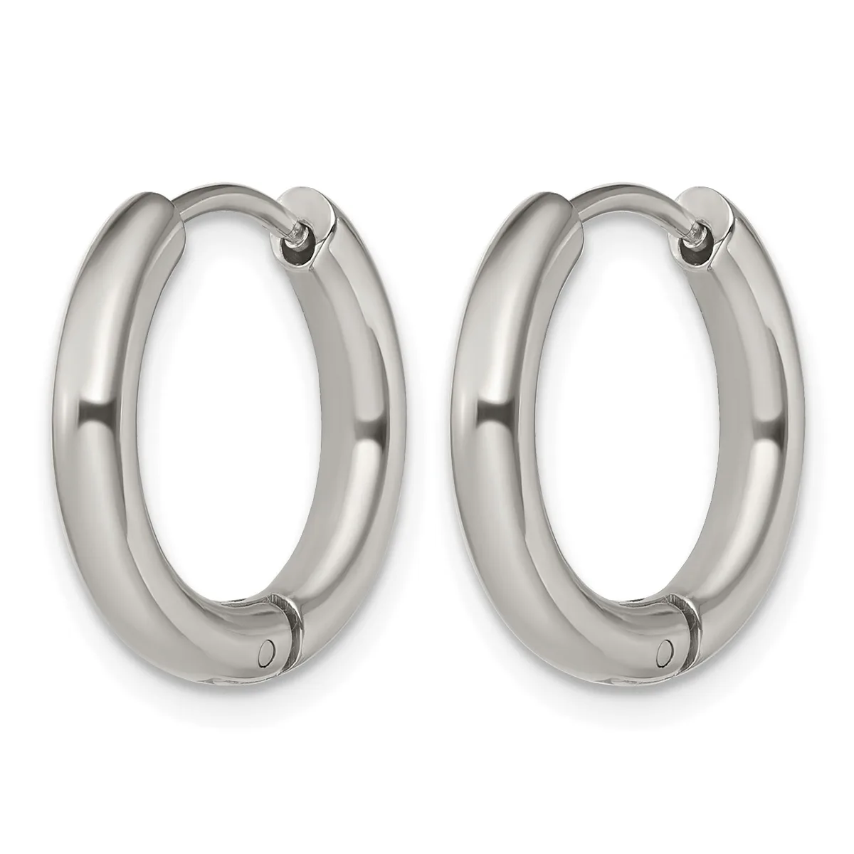 A pair of polished silver-toned chunky oval hoop earrings with hinged closures, displayed side by side against a white background.