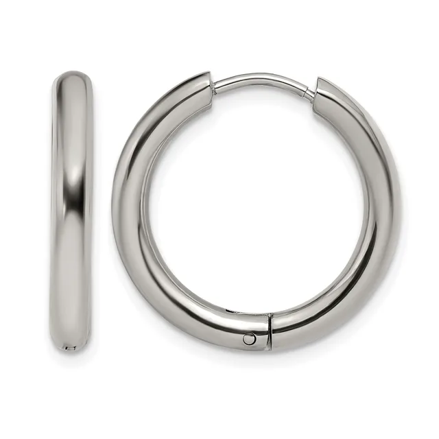 A pair of polished stainless steel chunky hoop earrings with hinged closures, shown from the front and side view.
