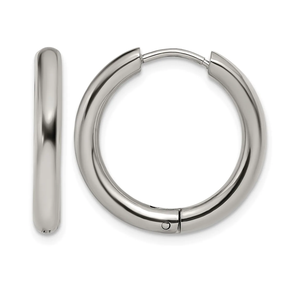 A pair of polished stainless steel chunky hoop earrings with hinged closures, shown from the front and side view.