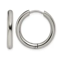 A pair of polished stainless steel chunky hoop earrings with hinged closures, shown from the front and side view.