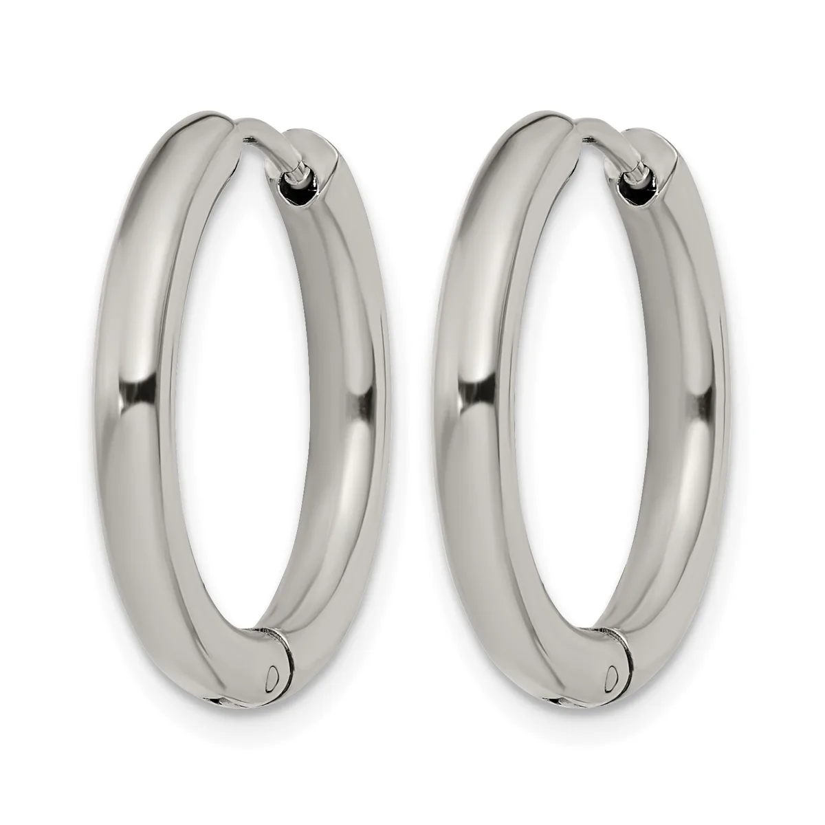 A pair of polished silver-toned chunky hoop earrings with a smooth, rounded profile and hinged closures, displayed side by side.