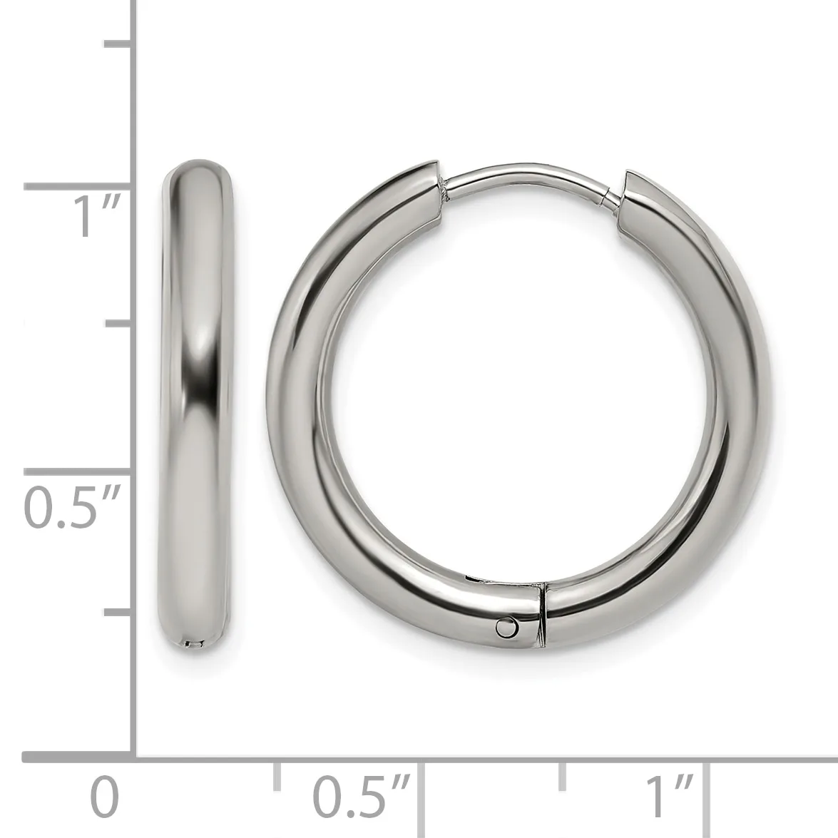 Polished stainless steel hoop earrings with a thick rounded profile, shown with a measurement scale indicating approximately one inch in diameter.
