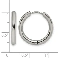 Polished stainless steel hoop earrings with a thick rounded profile, shown with a measurement scale indicating approximately one inch in diameter.