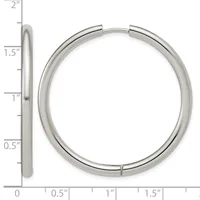 A polished silver-toned hinged bangle bracelet shown from front and side views with a measurement scale indicating approximately 1.75 inches in diameter.