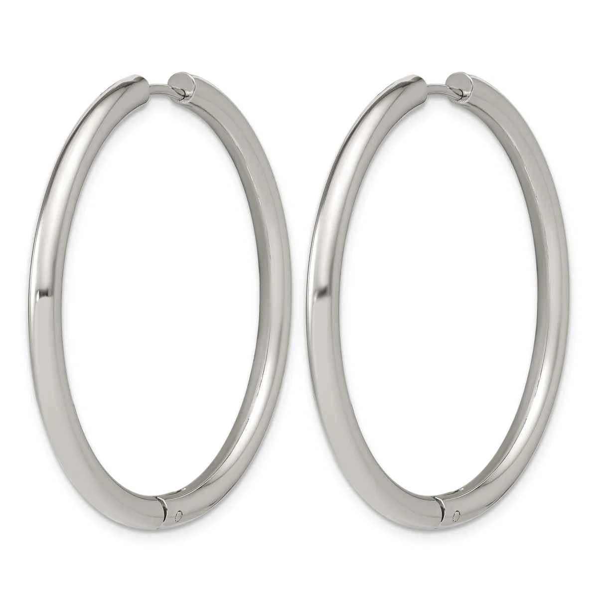 A pair of polished silver-toned hoop earrings with hinged closures, shown against a white background.