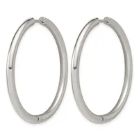 A pair of polished silver-toned hoop earrings with hinged closures, shown against a white background.