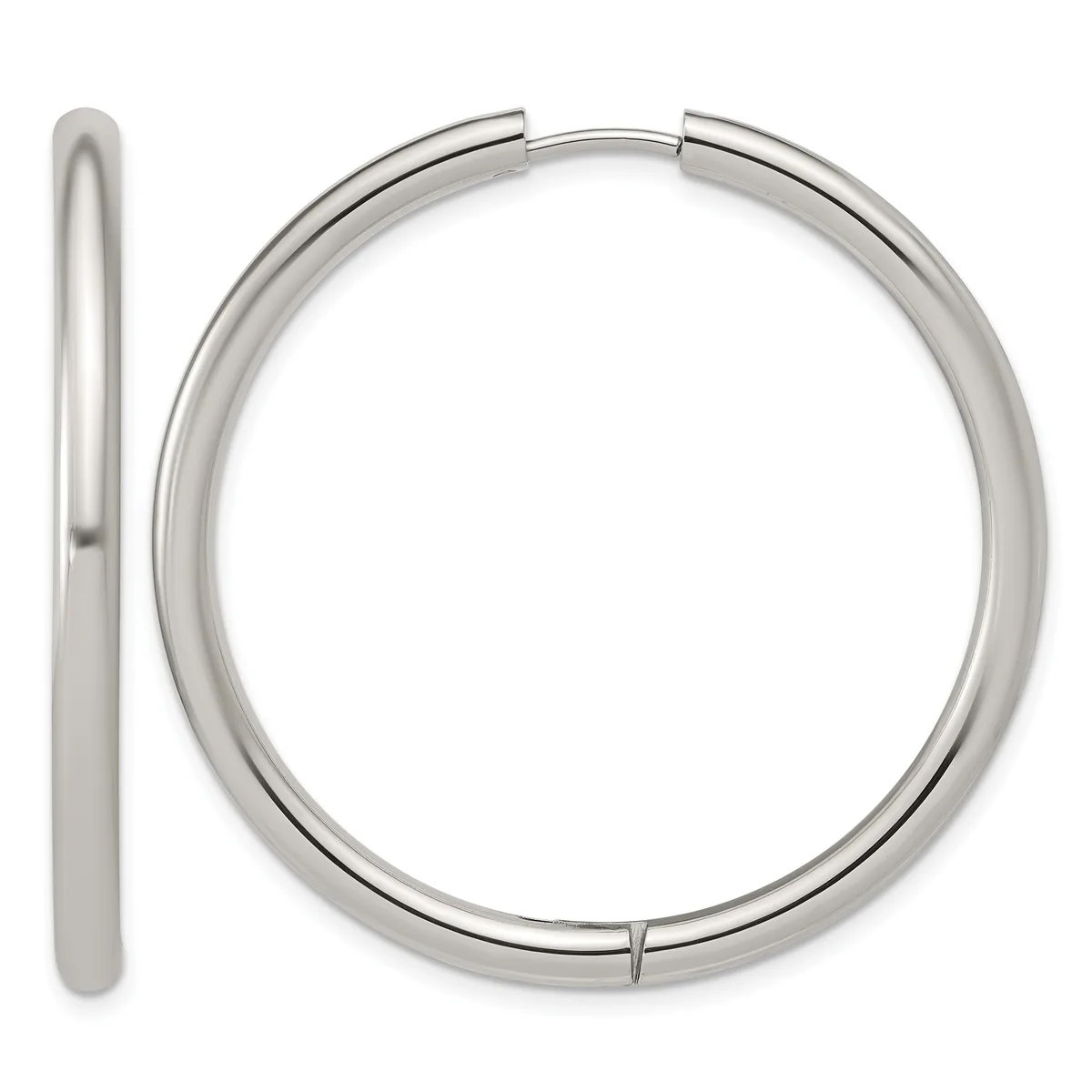 A pair of polished silver-toned chunky hoop earrings shown from the front and side view, displaying their smooth cylindrical tubing and hinged closure.