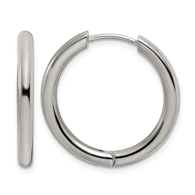 A pair of polished silver-toned chunky hoop earrings with hinged closures, shown from the front and side view.