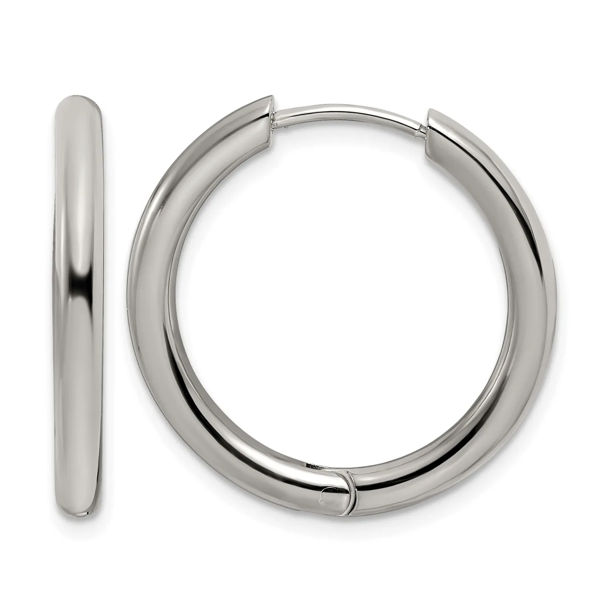 A pair of polished silver-toned chunky hoop earrings with hinged closures, shown from the front and side view.