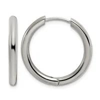 A pair of polished silver-toned chunky hoop earrings with hinged closures, shown from the front and side view.