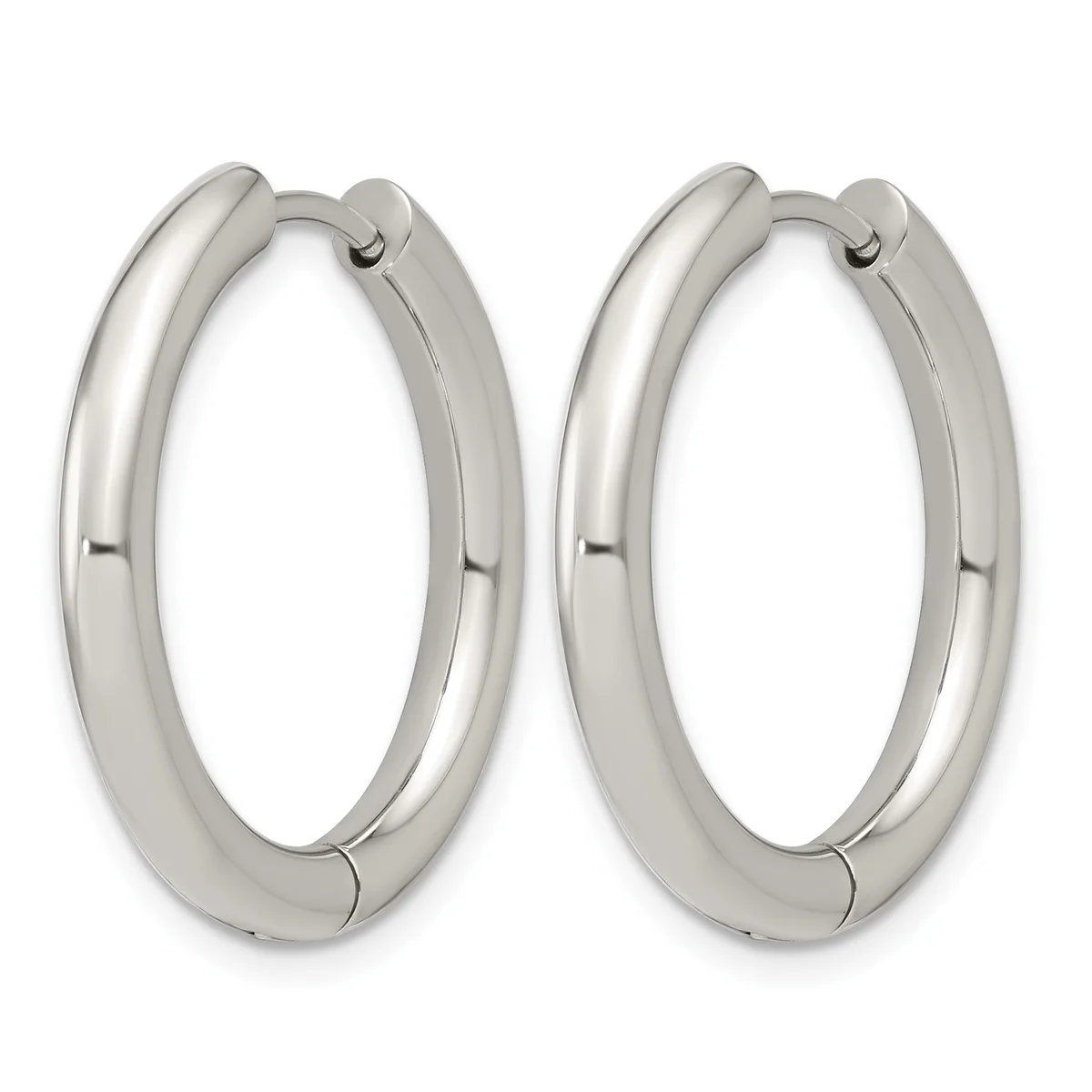 A pair of polished silver-toned chunky hoop earrings with hinged closures, displayed side by side against a white background.