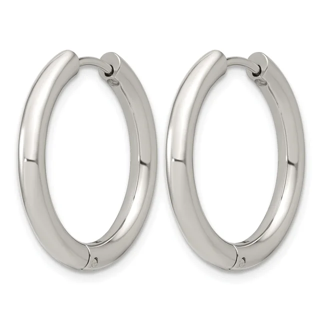 A pair of polished silver-toned chunky hoop earrings with hinged closures, shown from the front against a white background.