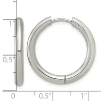 Silver-toned chunky hoop earrings with a polished finish, shown from front and side views with measurement scale indicating approximately one inch diameter and half inch thickness.