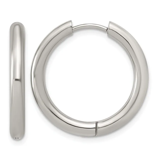 A pair of polished silver-toned hoop earrings with a chunky, rounded profile, shown from the front and side views.