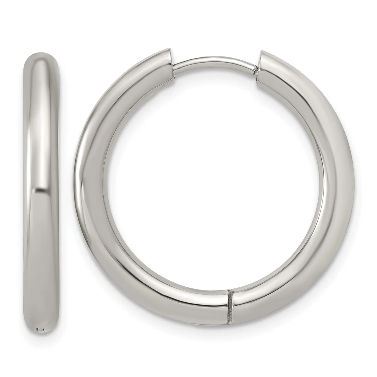 A pair of polished silver-toned hoop earrings with a chunky, rounded profile, shown from the front and side views.