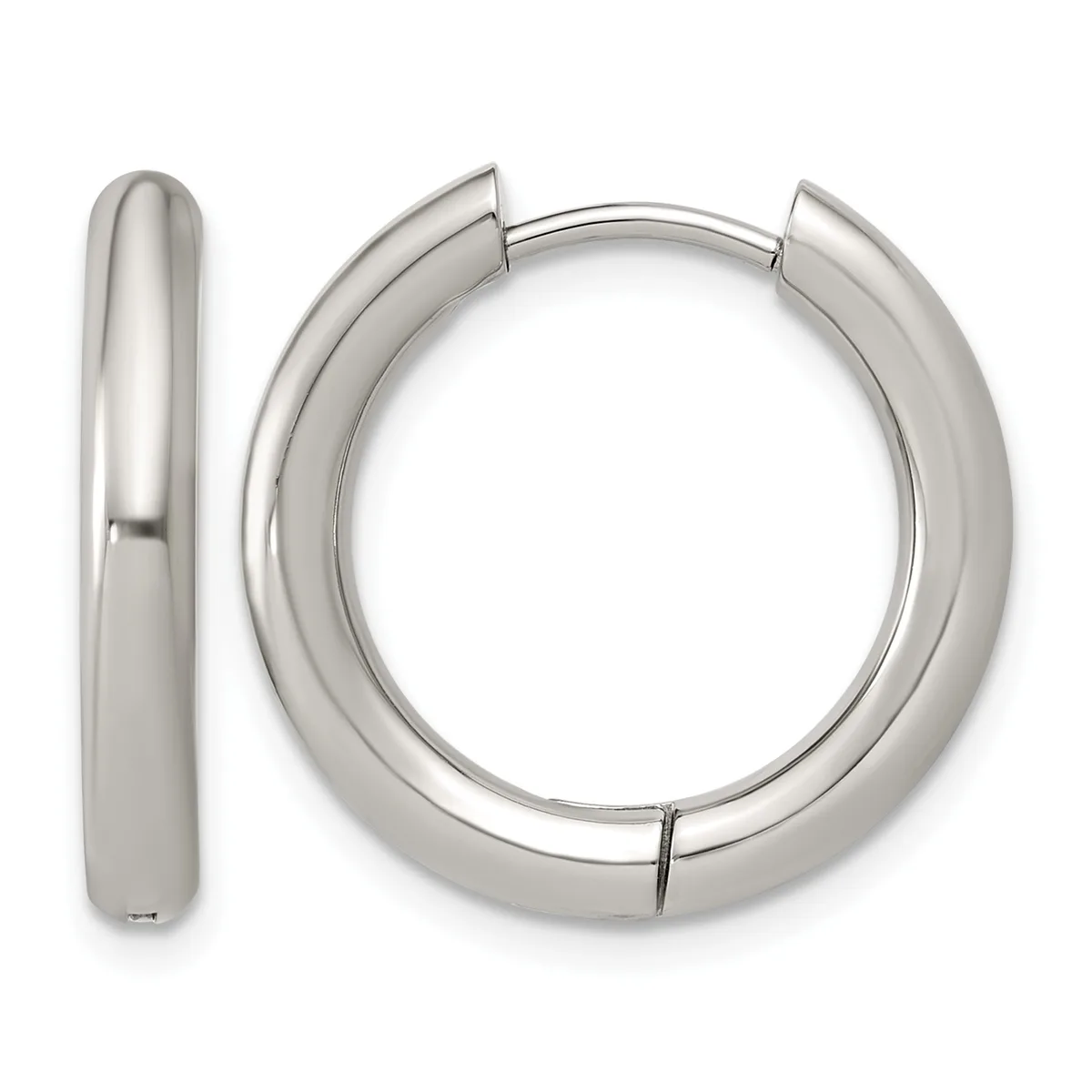 A pair of polished silver-toned chunky hoop earrings displayed against a white background, shown from the front and side angles.