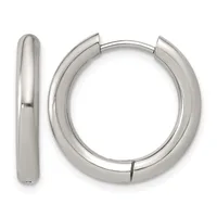 A pair of polished silver-toned chunky hoop earrings displayed against a white background, shown from the front and side angles.