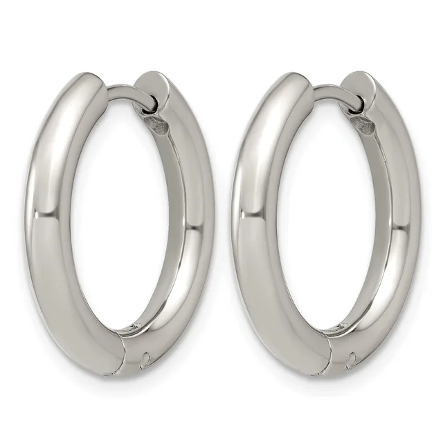 A pair of polished silver-toned chunky hoop earrings with a hinged clasp closure, shown from the front against a white background.