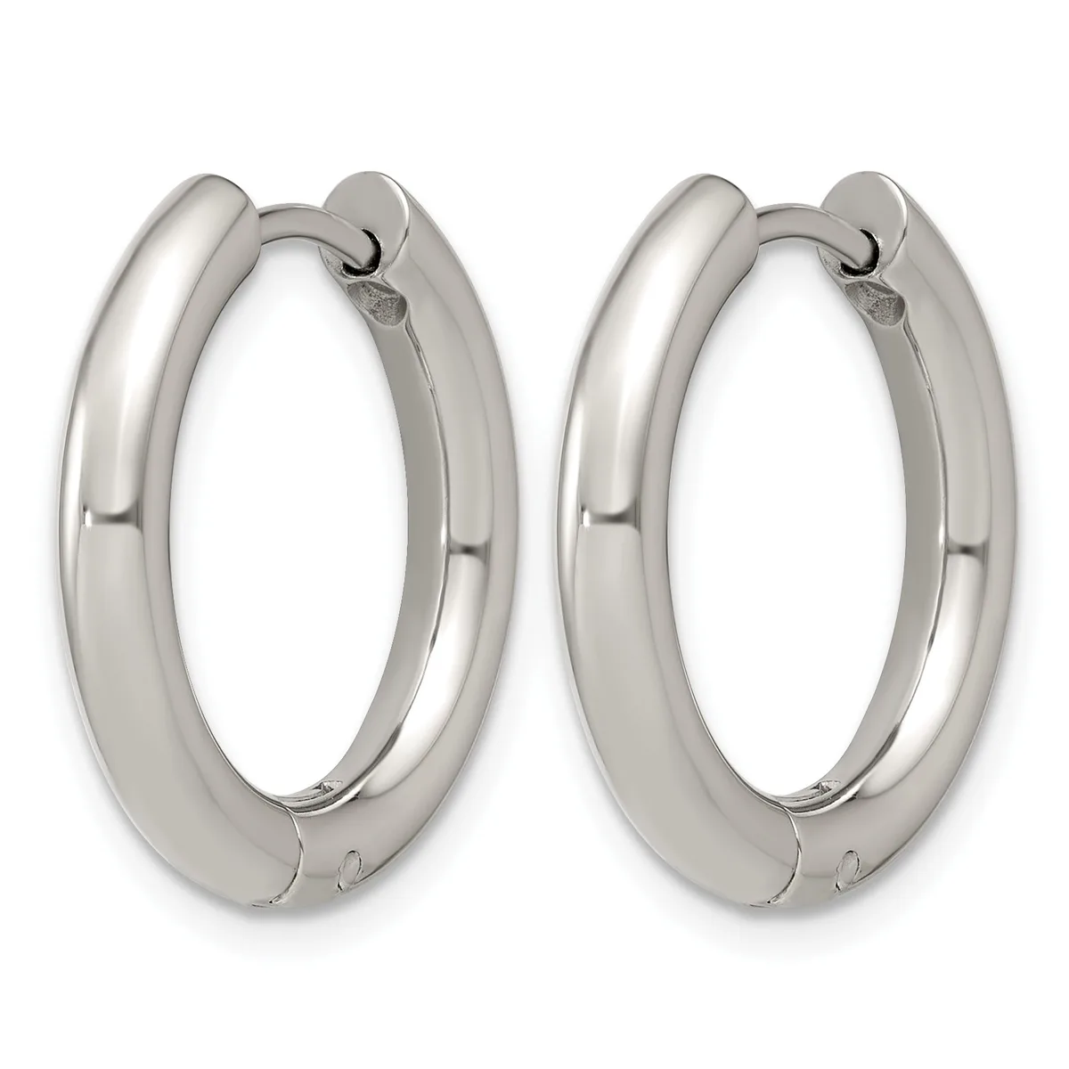 A pair of polished silver-toned chunky hoop earrings with a hinged clasp closure, shown from the front against a white background.