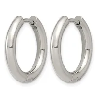 A pair of polished silver-toned chunky hoop earrings with a hinged clasp closure, shown from the front against a white background.