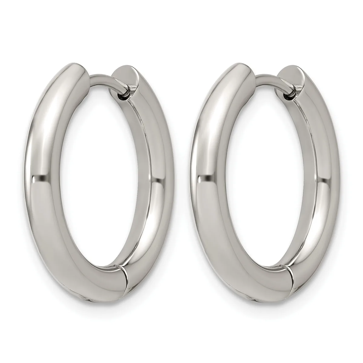 A pair of polished silver-tone chunky hoop earrings with a smooth, rounded profile and hinged closures, displayed against a white background.