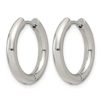 A pair of polished silver-tone chunky hoop earrings with a smooth, rounded profile and hinged closures, displayed against a white background.