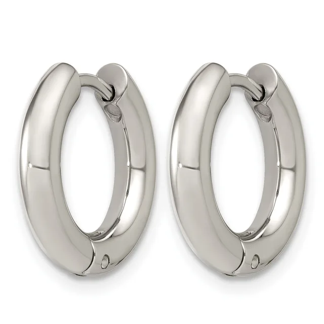 A pair of polished silver chunky hoop earrings with a curved, tubular design and hinged closures.