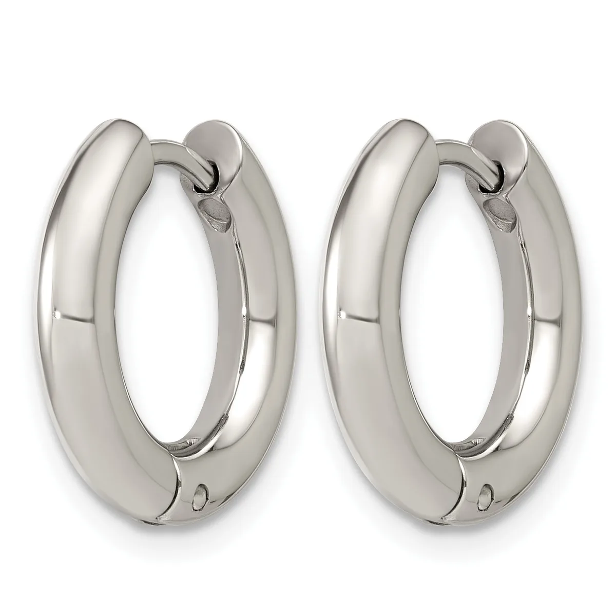 A pair of polished silver chunky hoop earrings with a curved, tubular design and hinged closures.