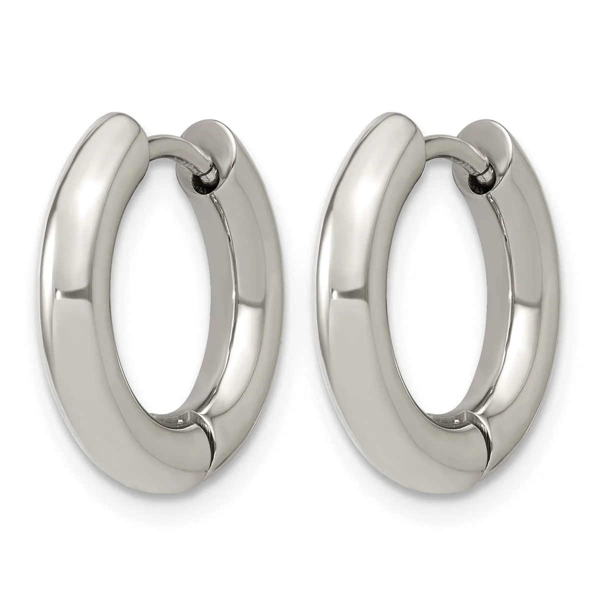 A pair of polished silver-toned chunky hoop earrings with a high-shine finish, displayed against a white background.