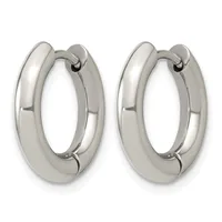 A pair of polished silver-toned chunky hoop earrings with a high-shine finish, displayed against a white background.