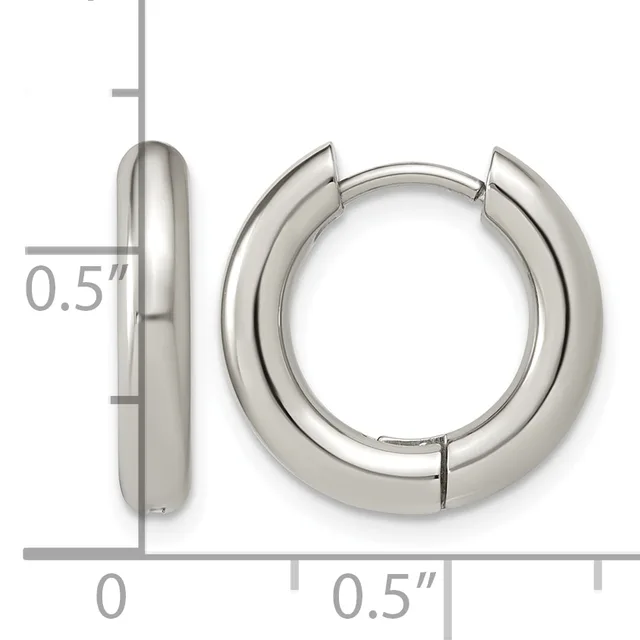 A pair of polished silver-toned chunky hoop earrings with a hinged closure, shown front and side view with measurement scale indicating 0.5 inch width.