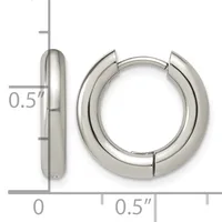 A pair of polished silver-toned chunky hoop earrings with a hinged closure, shown front and side view with measurement scale indicating 0.5 inch width.