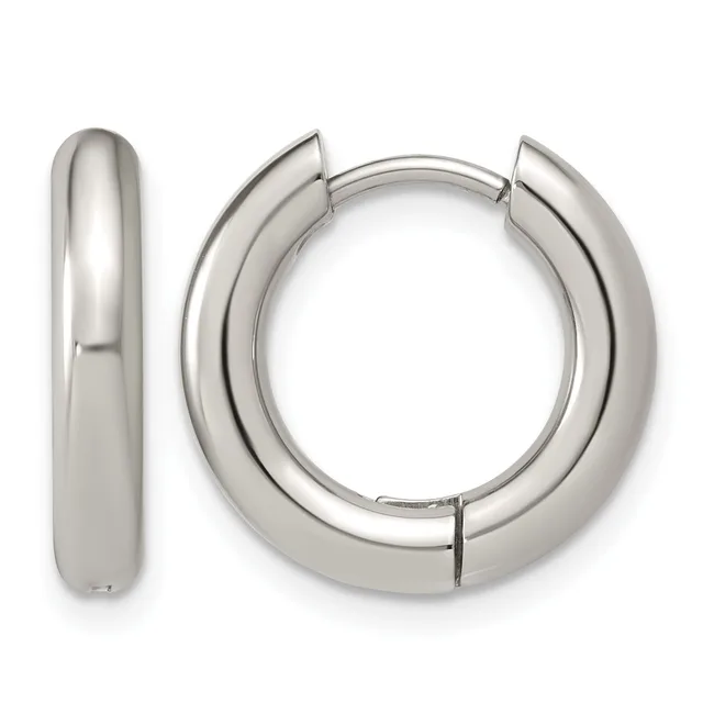 A pair of polished silver-tone chunky hoop earrings with rounded edges and a hinged closure, shown from the front and side.